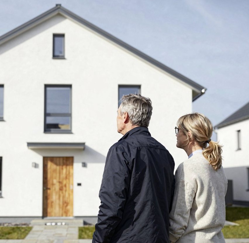 Ehepaar steht vor seinem eigenen Haus