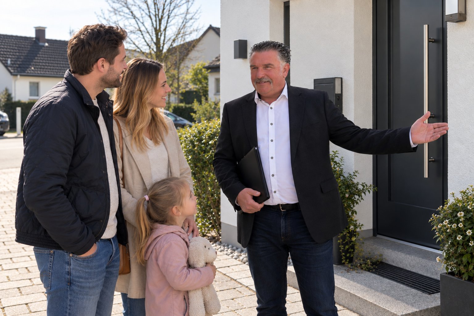 Thorsten Massow begrüßt eine Familie vor der Haustür