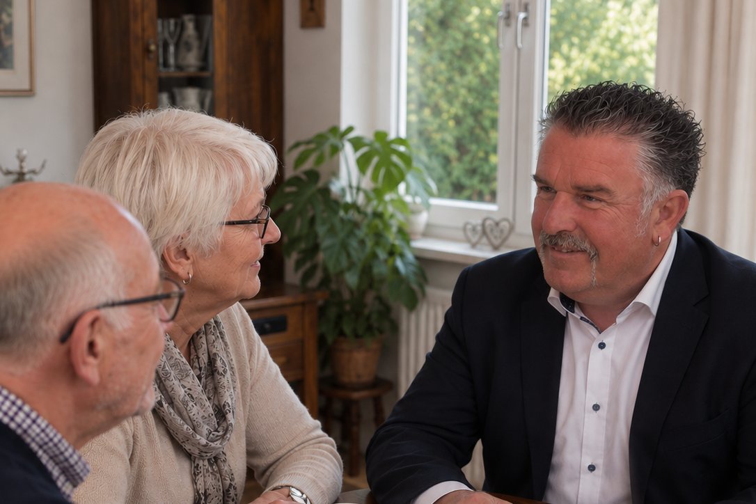 Thorsten Massow beim Kaffee mit einem älteren Ehepaar am Küchentisch