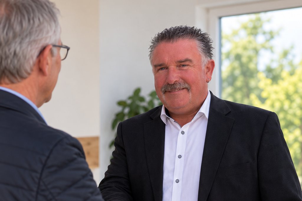 Thorsten Massow im Gespräch mit einem Nachbarn vor dem Haus