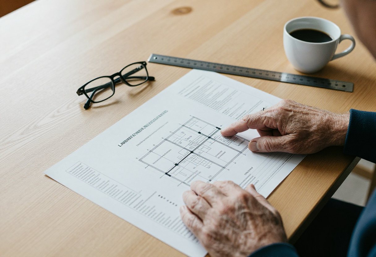 Grundriss und Unterlagen auf dem Tisch bei der Immobilienbewertung