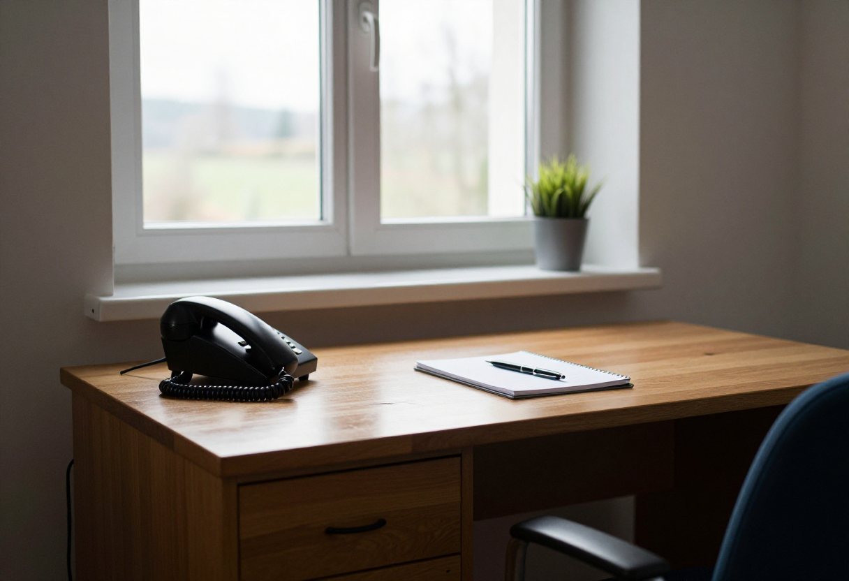 Schreibtisch mit Telefon und Notizblock in einem kleinen Büro