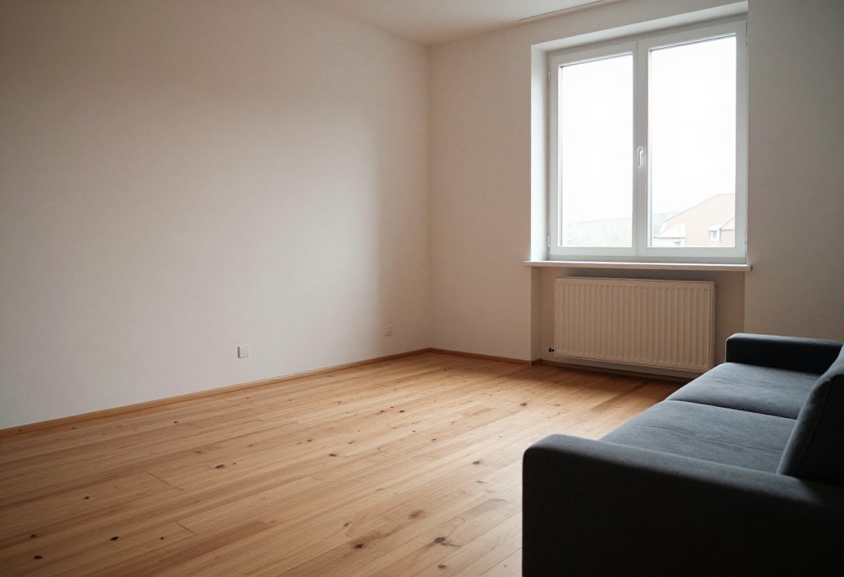 Helles leeres Wohnzimmer einer Mietwohnung mit Dielenboden