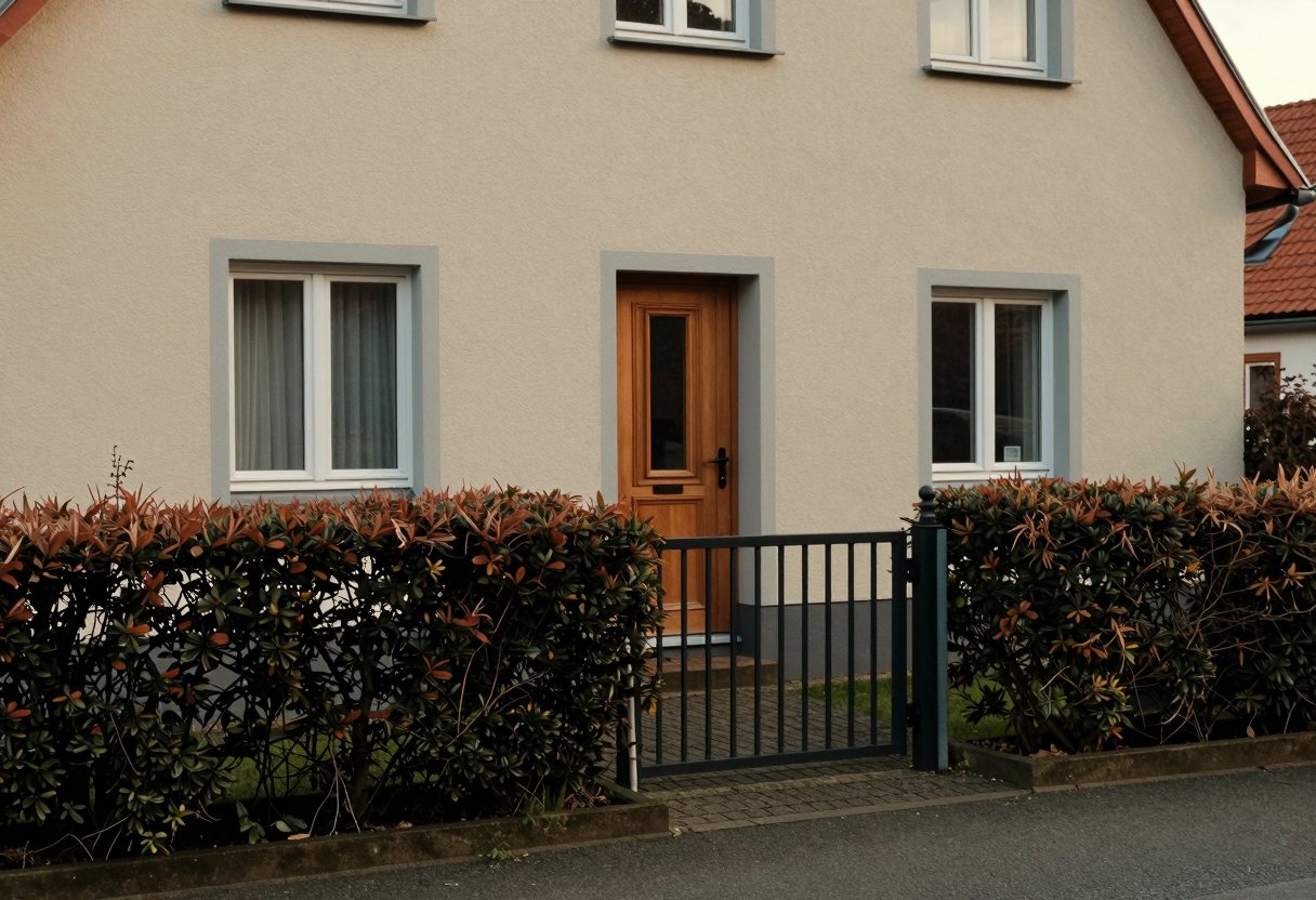 Vorgarten eines Einfamilienhauses mit Gartentor